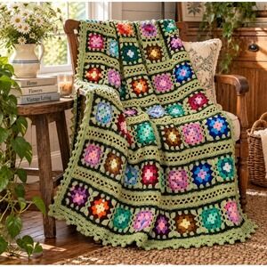 Vintage Handmade Crochet Afghan 74 x 48 Granny Square Sage Avocado Green Blanket